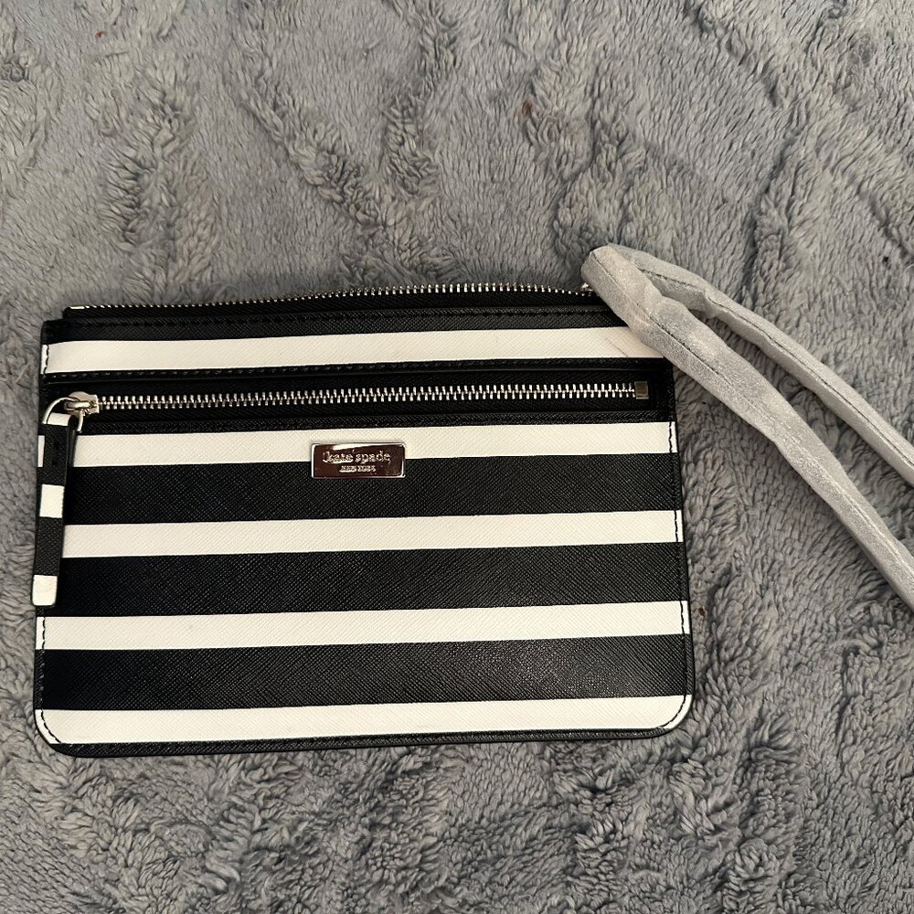 BRAND NEW Kate Spade Black and White Striped Wristlet - Picture 2 of 4